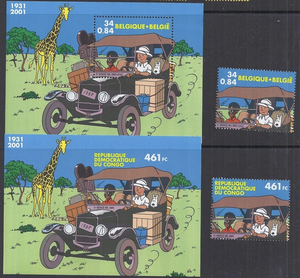 Belgium+Congo**TINTIN in AFRICA-2 Blocks+ 2stamps from Blocks.2001-Comics - Image 1 of 1