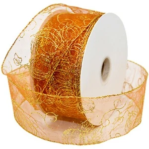 Gold Sparkle Pumpkins Sheer Bronze 2.5" Wide Wired Ribbon 50 yd NEW fall autumn - Picture 1 of 1