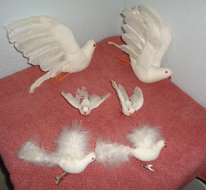 6 White Hanging White Fabric Doves Birds Red Eyes - Picture 1 of 3