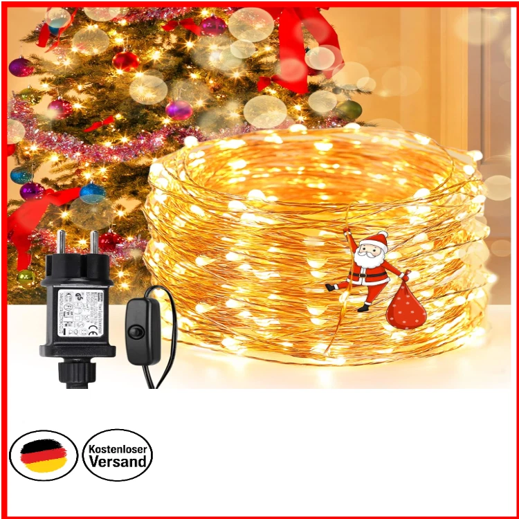 10m 33ft 100 LED Kupferdraht Lichterkette Stripe wasserdicht Warmweiß Netzteil