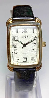 1928 Swiss Womens Watch Art Deco Rectangle Gold Black Patent Leather New Battery - Image 1 of 4