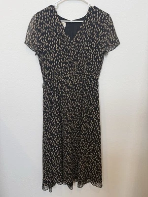 Women's Vintage 90s TALBOT'S Pure Silk Faux Wrap Dress Black Tan Polka Dot 8 - Image 1 of 4