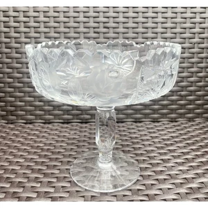 Etched Cut Crystal Pedestal Bowl Footed Clear Sawtooth Edge 7 x 7 - Picture 1 of 6