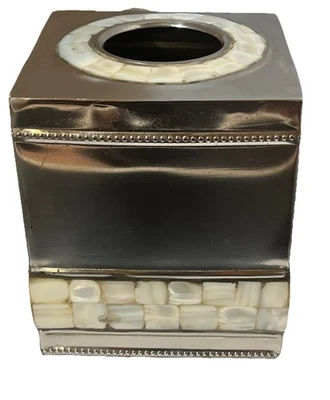 Silver Chrome Tissue Box Cover With Pearlized Shell Inlay Elegant Classy - Image 1 of 4