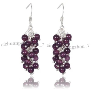 6mm Multicolor Opal Cat's Eye Gemstone Round Beads Dangle Silver Hook Earrings - Picture 1 of 21