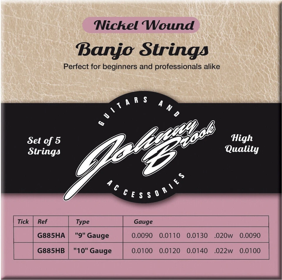 Set of 5 High Quality Nickel Wound Banjo Strings (9 Gauge) Johnny Brook G885ha