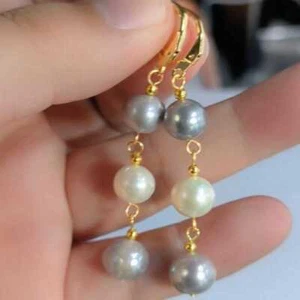 9-10 mm Natur Barock Weiß Grau Perle Hängel Ohrringe 14K Teens - Bild 1 von 5