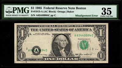 1985 $1 Federal Reserve Note District Overprint Misaligned Error PMG 35 (AAC) - Image 1 of 4