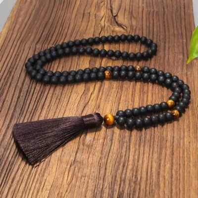 Collar de meditación de curación con borla de oración de cuentas de ónix negro 108 Mala Foto 1 de 3