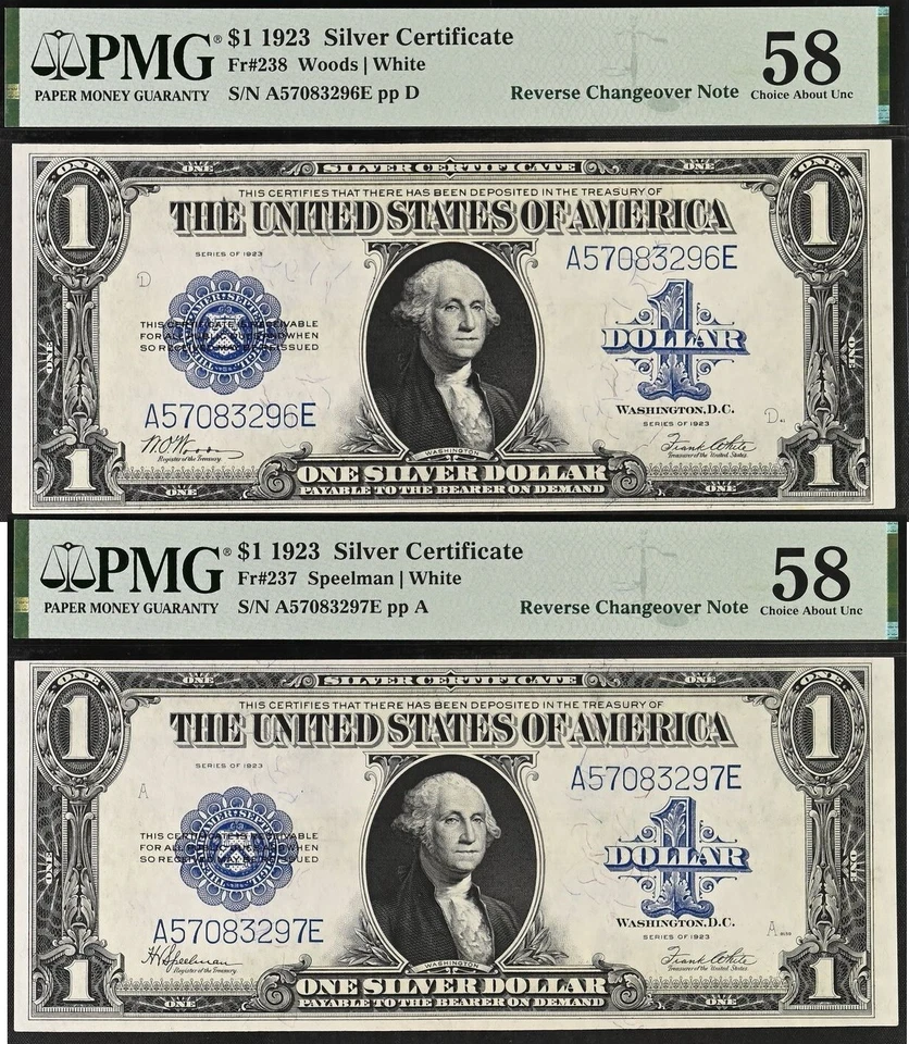 1923 $1 Silver Certificate PMG 58EPQ Reverse Changeover Fr 237 Fr 238 - Image 1 of 4