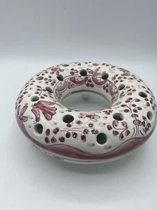 Ivy Ring Flower Frog Round Planter Bud Ceramic Red White 7" Vintage Mid-Century - Picture 1 of 8