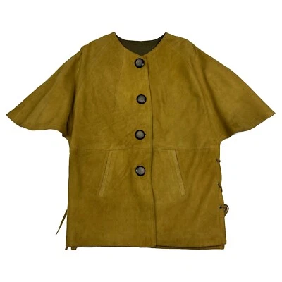 Jaqueta Vintage Camurça Botão Frontal Manga Flutter Poncho Ocidental Couro Renda - Imagem 1 de 4