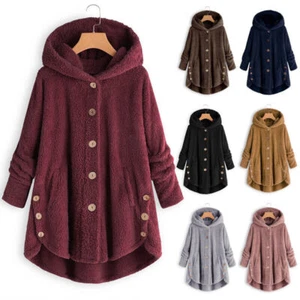 Women Outwear Plush Tops Coat Hooded Hoodie Button Fluffy Loose Fall Winter Warm - Picture 1 of 33