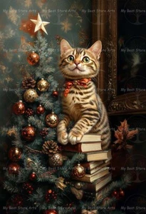 CUTE HOLIDAY CAT ART PRINT, Christmas Animal Decor, Library Kitten Poster E731 - Picture 1 of 3