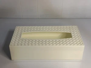 VTG Off-White Plastic Tissue Box Cover 10.50"x3" MCM Textured Design Faux Wicker - Picture 1 of 8