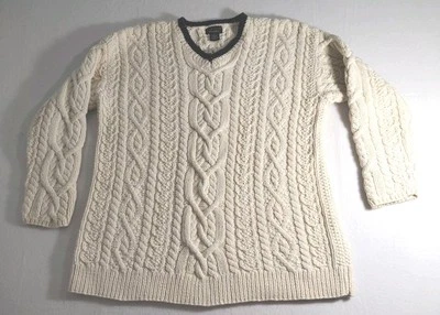 Suéter tejido a mano limitado de colección para mujer L marfil 100 % algodón tejido con cable pescador años 90 Foto 1 de 4