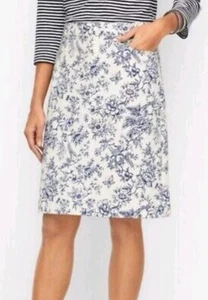 Talbots Denim A-Line Skirt Blue White Bird Toile Size 2 Women’s Cotton Blend EUC - Picture 1 of 11