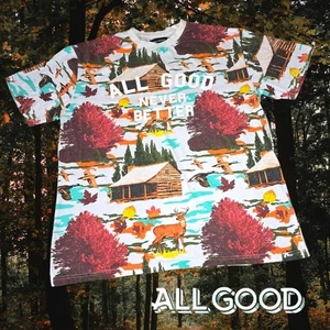 All Good Never Better Men's AOP Fall Log Cabin Duck Deer T-shirt Multicolor XL - Picture 1 of 8