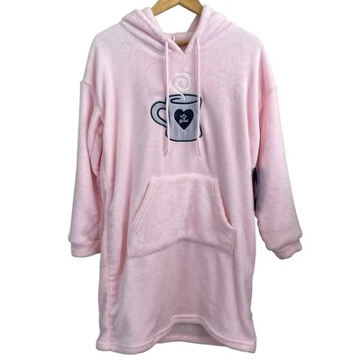 Life is Good Sleep Fleece Hoodie Size M Nightshirt Tunic Pink Coffee Fluffy Warm - Image 1 of 4
