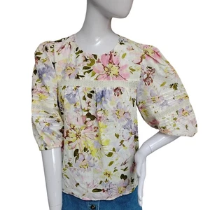 Sanctuary Cottagecore Bluse Gr. XS weiß grün flieder Blumenmuster Puffärmel - Bild 1 von 12