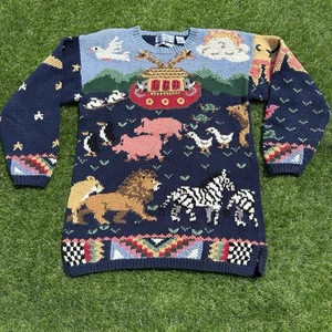 Vtg Northern Isles Sweater Womens L Blue Hand Knit Noah’s Ark Animals Granny - Picture 1 of 10