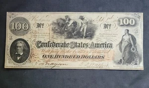 1862 Confederate Note 100 Richmond, VA Jefferson Davis, watermark, Interest Paid - Picture 1 of 2
