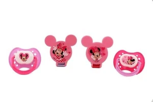 Disney Cudlie Minnie Mouse Baby Girl 4 Pack of 2 Pacifiers & 2 Clips with Hearts - Picture 1 of 6