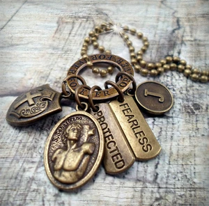 Bronze Saint Sebastian Necklace with Cross Shield, Protected & Fearless Charms - Picture 1 of 4