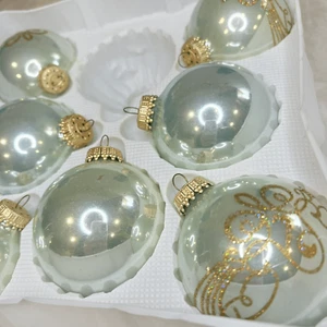 VTG 7 Set Krebs Blown Glass Christmas Mint Green Gold Decorated Ornaments Boxed - Picture 1 of 11