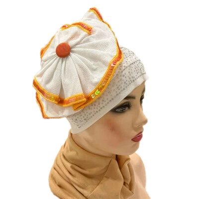 African Women Aso Oke Auto Gele Headtie Head Wrap Nigerian Turban Hat Bonnet - Image 1 of 4