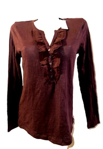 New Ann Taylor LOFT Top Women's Sz L Wine Ruffle Button V-Neck Blouse Shirt NWT - Picture 1 of 6