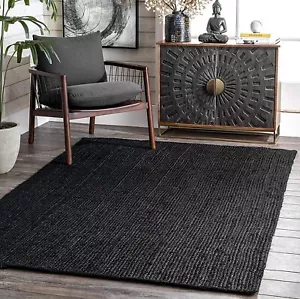 Jute Rug Black Color Modern Braided Handmade Rug Living Room Rectangle Carpet - Picture 1 of 7