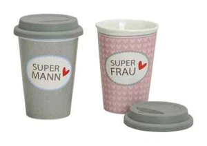Becher TO GO 2-tlg. Porzellan Geschenk-Set Kaffeebecher Kaffee Super Frau/Mann - Bild 1 von 1
