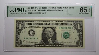 $1 1988 Near Solid Serial Number Federal Reserve Bank Note Bill UNC65 #22222232 - Image 1 of 3