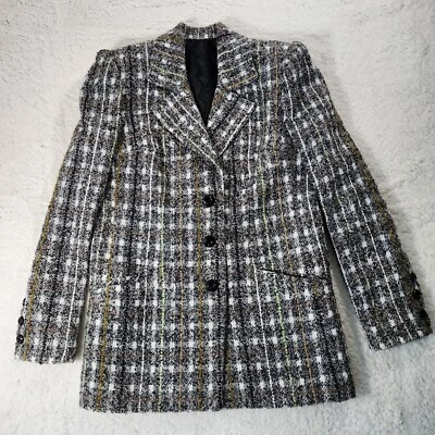 Vintage Tweed Blazer Womens S/M Chartreuse Y2K Academia Career Oversized Padded  - Image 1 of 4