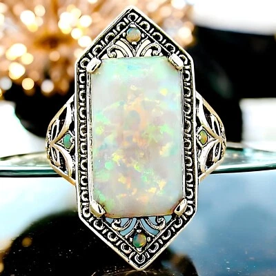 VINTAGE STYLE 925 SOLID STERLING SILVER FILIGREE LAB-CREATED OPAL RING    307 - Image 1 of 3