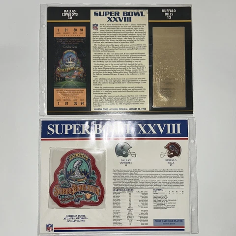 Football-Dallas Cowboys - Bills Super Bowl XXVIII 22kt Gold Ticket and Patch Set Cover