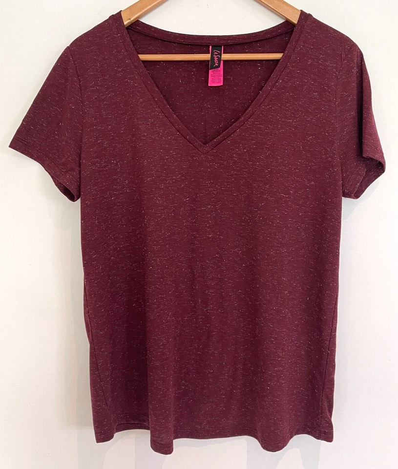 La SENZA женщина бордовый Рождество блестящий короткий рукав V шеи футболка размер L новый без ЯРЛЫКОВ - Изображение 1 из 3