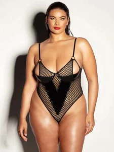 Oh la la Cheri Curvy Frisky Fishnet Peek-A-Boo Teddy Black 2X - Picture 1 of 4