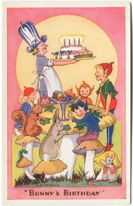 BUNNY'S BIRTHDAY, ELF, MUSHROOM, MOON, L R STEELE - Children Postcard, J Salmon - Picture 1 of 2