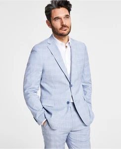 2 Piece NWT ALFANI Slim Fit Stretch Light Blue Plaid Flat Front Suit 38S 32 x 30 - Picture 1 of 8