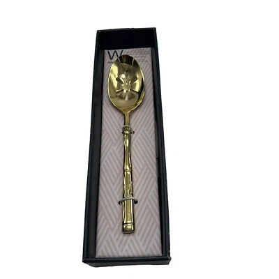 Wallace Bamboo Gold Plated Pierced Serving Spoon 18/10 Stainless Steel New Box - Image 1 of 4