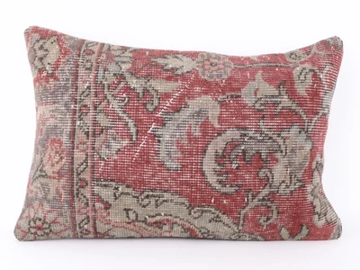 Antique Red 16x24 Lumbar Kilim Pillow Cover | Vintage Wool Turkish Rug Cushion - Image 1 of 4