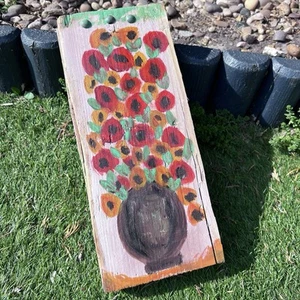 Original Folk Art On Wood,Hand Painted Naive Red Floral Vase 28cm x 12cm - Picture 1 of 15