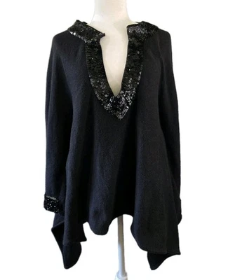 Bebe Suéter Mujer Mediano Negro Lentejuelas Cuello en V Poncho Túnica Pullover Adornado Foto 1 de 4