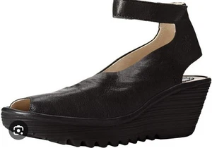 Fly London Size 42 Yala Black Leather Peep Toe Chunky Wedge Platform Sandals - Picture 1 of 10