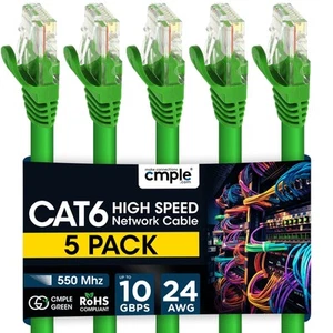 5 Pack Cat6 Ethernet Cable Reliable Gigabit LAN Cord with RJ45 Plugs Green - Picture 1 of 10
