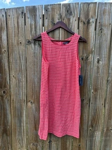 TOMMY HILFIGER Womens Coral Striped Sleeveless Crew Neck Short Shift Dress 10 - Picture 1 of 9