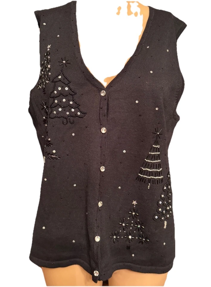 Mercer Street Studio Cuentas Navidad Negro Tejido Suéter Chaleco Adornado talla M Foto 1 de 4
