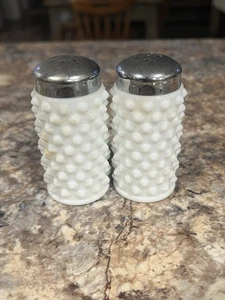 Vintage Hob Nail Milk Glass Salt & Pepper Shakers w/ Metal Lids - Picture 1 of 6